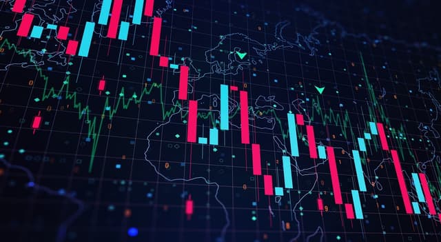Gráfico financeiro com velas de alta e baixa sobre mapa-múndi. Fonte: Shutterstock