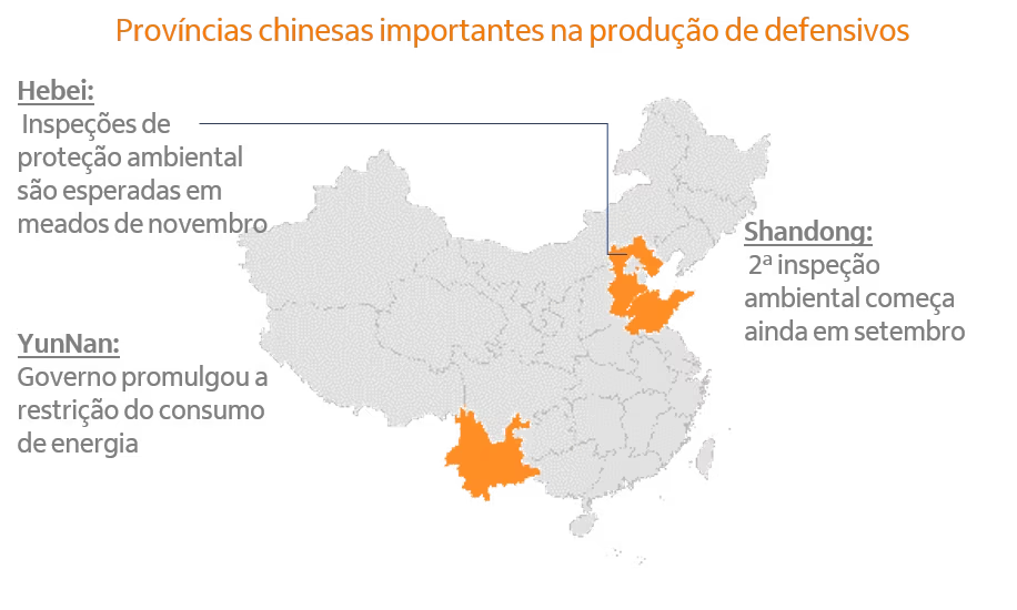 Mapa da China ilustrando as províncias chineses produtoras de defensivos.