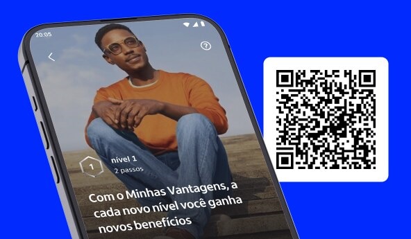 Ilustração de um celular com o aplicativo Itaú Uniclass aberto, ao lado um QR Code, na tela um rapaz.