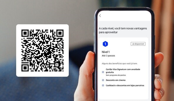 QR Code ao lado do celular com minhas vantagens aberto.
